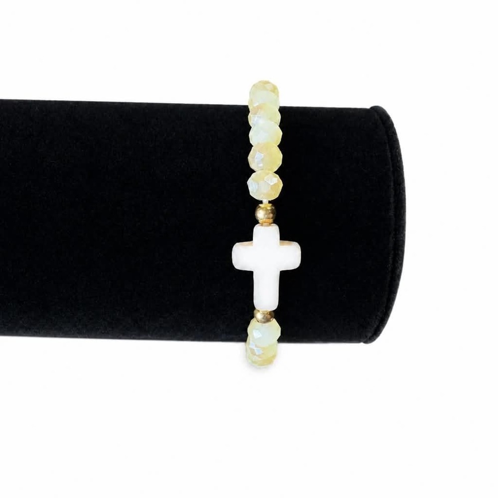 Faceted Light Yellow Bead Cross Stretch Bracelet Faith Jewelry Gift Pouch
